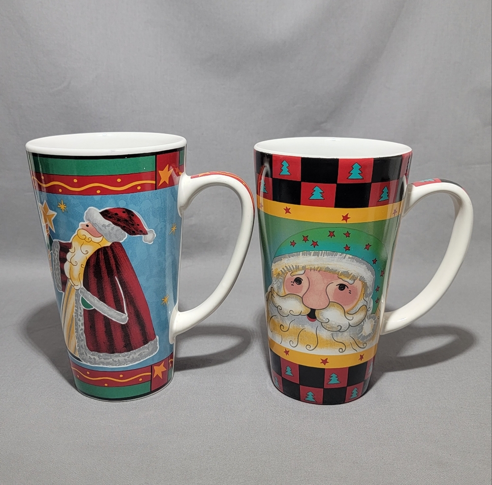 Santa Coffee Mugs Multicolor Ceramic Christmas Holiday Tall Century Set of 2